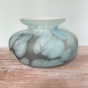 Vintage Handblown Frosted Glass Vase - Swirled Blue and White Art Glass